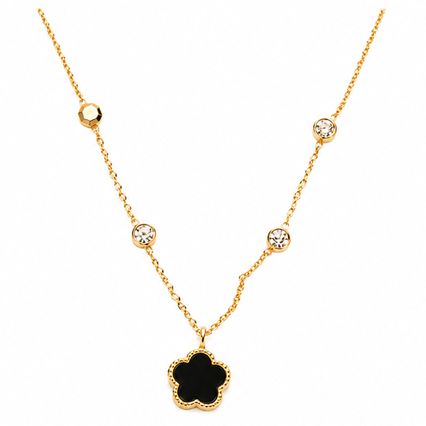Minimalist gold plated stainless steel five leaf black clover flower pendant necklace with asymmetric bezel crystal stations on a plain white background