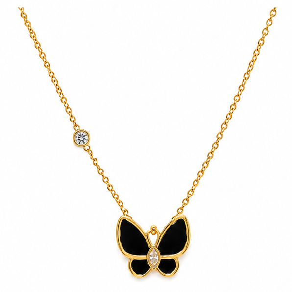 Stainless Steel Gold Plated Black Butterfly Pendant Necklace with Zircon Crystal Accents for Girls - Image 2
