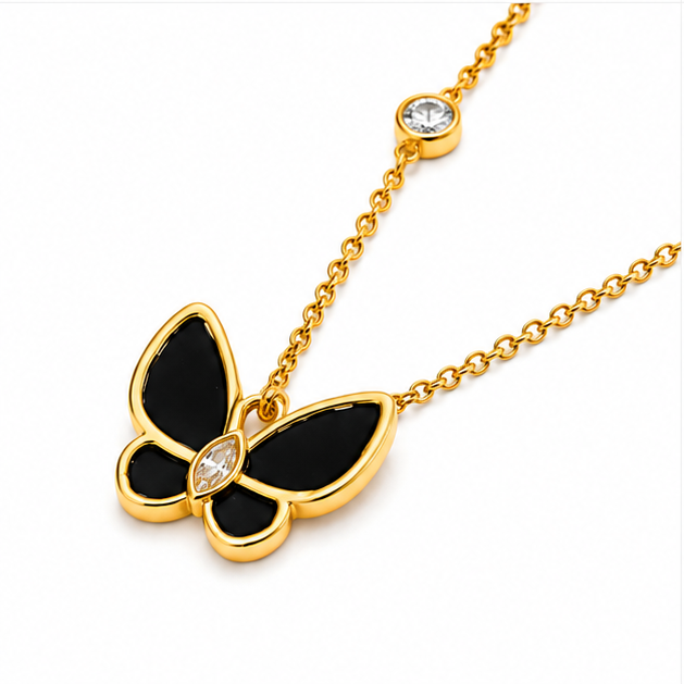 Stainless Steel Gold Plated Black Butterfly Pendant Necklace with Zircon Crystal Accents for Girls - Image 3
