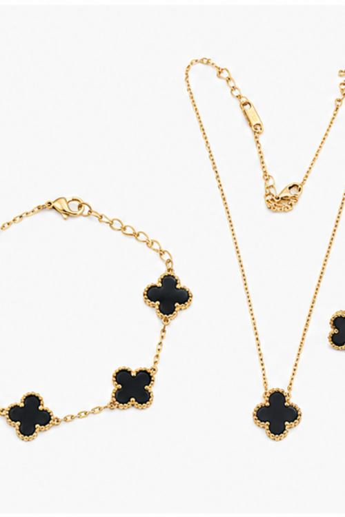 Luxury Black Clover Stainless Steel Jewelry Set for Women – Necklace, Bracelet & Earrings