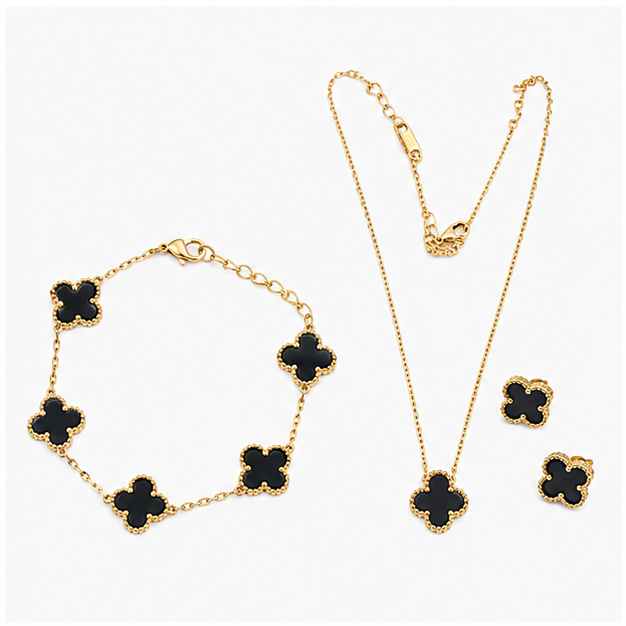 Luxury Black Clover Stainless Steel Jewelry Set for Women – Necklace, Bracelet & Earrings