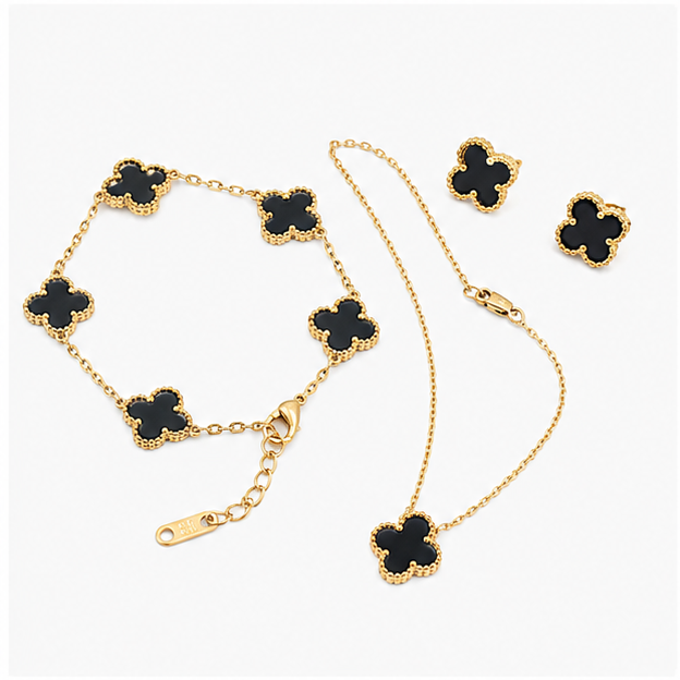 Luxury Black Clover Stainless Steel Jewelry Set for Women - Necklace, Bracelet & Earrings - Image 2