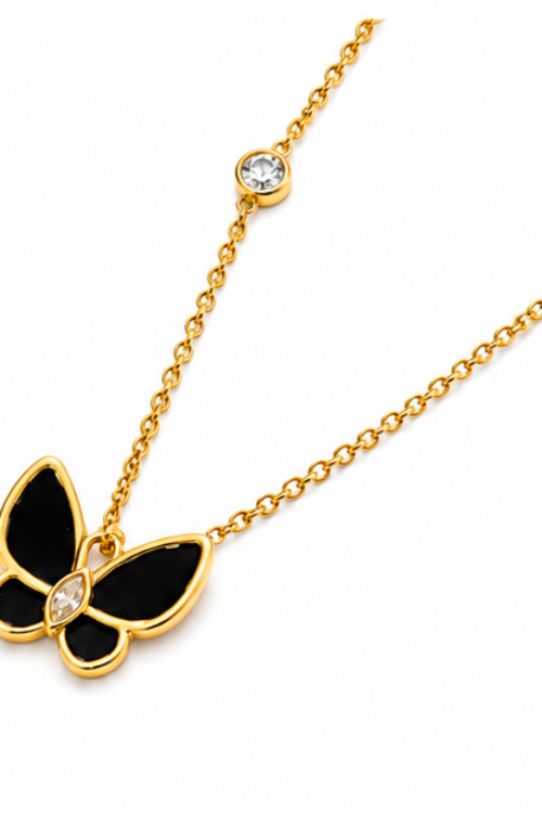 Stainless Steel Gold Plated Black Butterfly Pendant Necklace with Zircon Crystal Accents for Girls