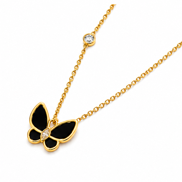 Minimalist gold plated stainless steel black butterfly pendant necklace with marquise zircon crystal accent on a plain background