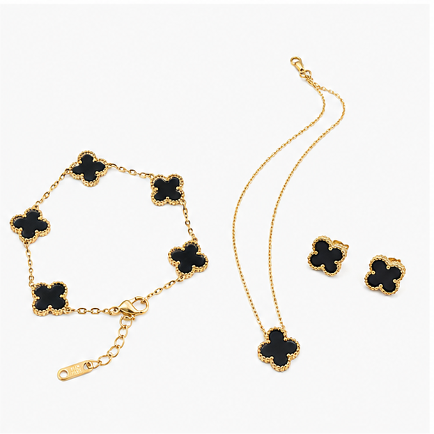 Luxury Black Clover Stainless Steel Jewelry Set for Women - Necklace, Bracelet & Earrings - Image 3