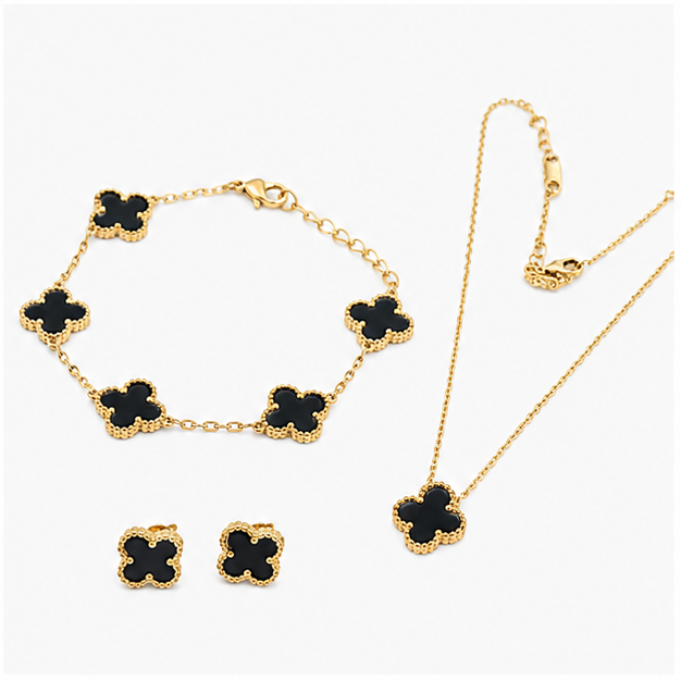 Luxury Black Clover Stainless Steel Jewelry Set for Women - Necklace, Bracelet & Earrings - Image 4