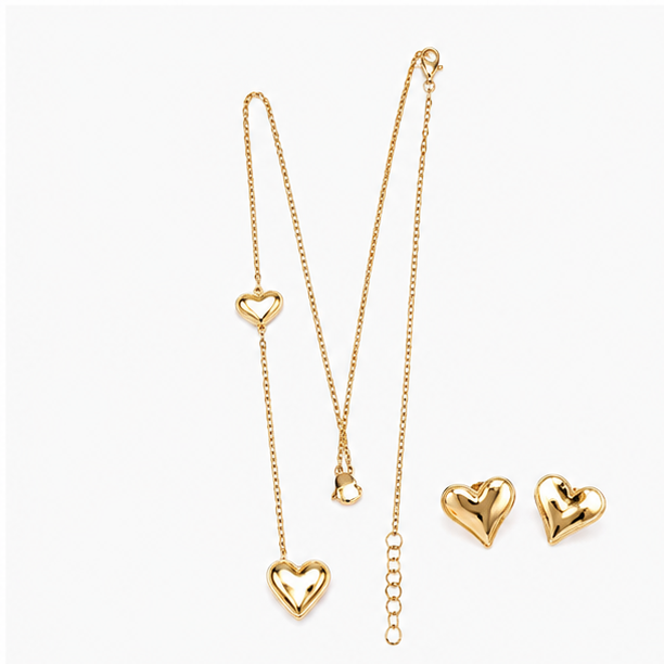 Stainless Steel Heart Pendant Necklace and Stud Earrings Set for Women - Anti Tarnish Gold Double Heart Jewelry Suite - Image 2