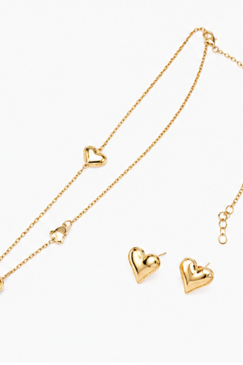 Stainless Steel Heart Pendant Necklace and Stud Earrings Set for Women – Anti Tarnish Gold Double Heart Jewelry Suite