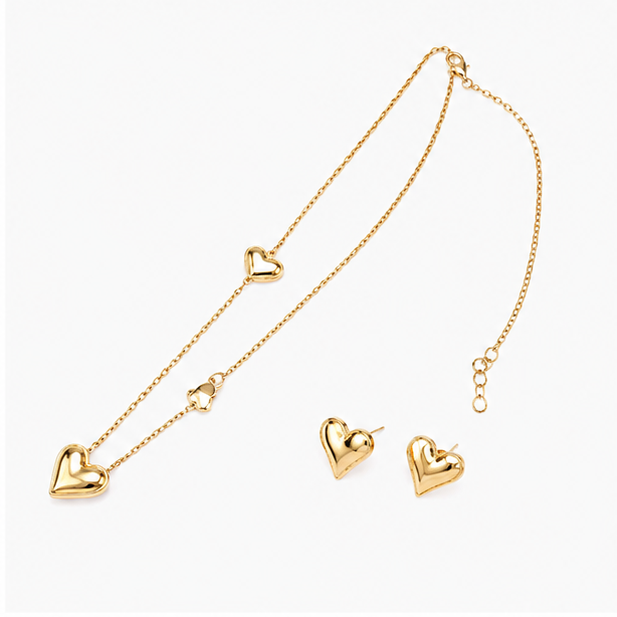 Two piece 18k gold plated stainless steel multi heart jewelry set with station necklace and matching puffed heart stud earrings