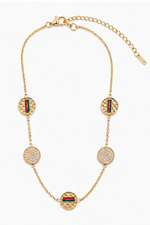 The L’Oasis Multi-Station Charm Necklace – Luxury Red & Green Striped Medallion Chain