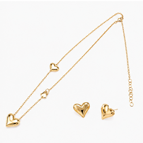 Stainless Steel Heart Pendant Necklace and Stud Earrings Set for Women - Anti Tarnish Gold Double Heart Jewelry Suite - Image 3