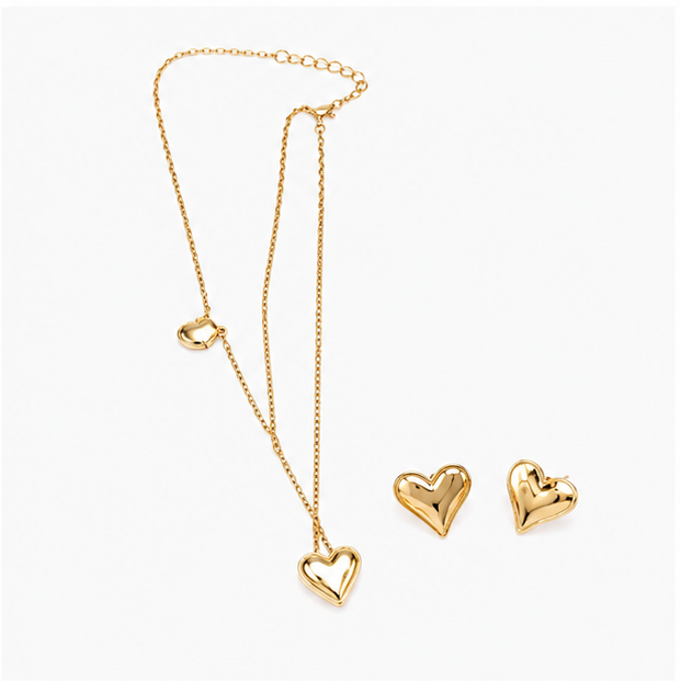 Stainless Steel Heart Pendant Necklace and Stud Earrings Set for Women - Anti Tarnish Gold Double Heart Jewelry Suite - Image 4