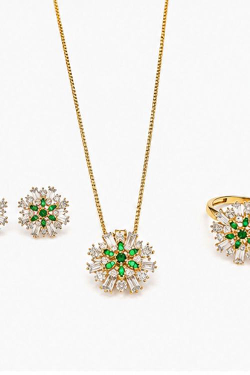 Royal Emerald Green & Sparkling Zircon Floral Jewelry Set – Pendant Necklace, Stud Earrings & Statement Ring