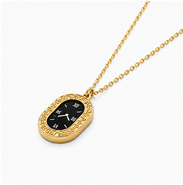 Side angled view of Zafiroon vintage gold clock pendant showcasing the thickness of the bezel setting and smooth polished finish.