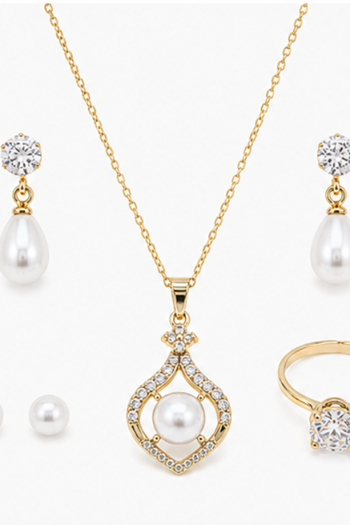 Royal Pearl & Sparkling Zircon Stainless Steel Jewelry Set – 4 Piece Luxury Collection