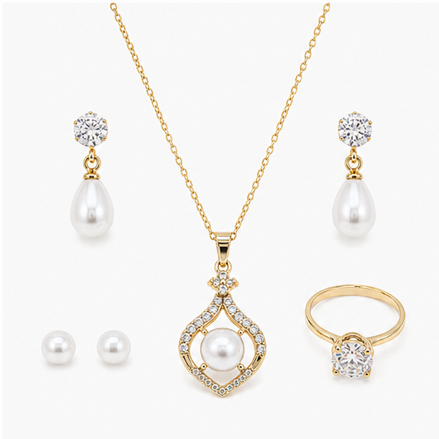 Royal Pearl & Sparkling Zircon Stainless Steel Jewelry Set – 4 Piece Luxury Collection