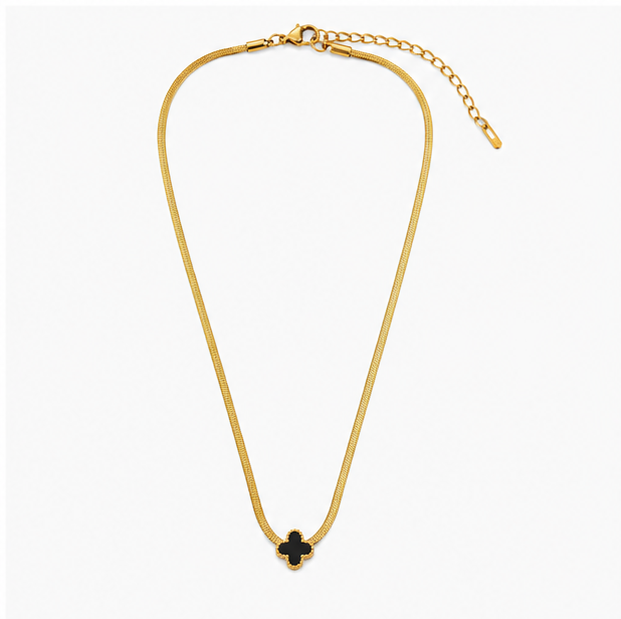 Zafiroon luxury 18k gold plated stainless steel snake chain necklace with a black four-leaf clover pendant on a plain white background.