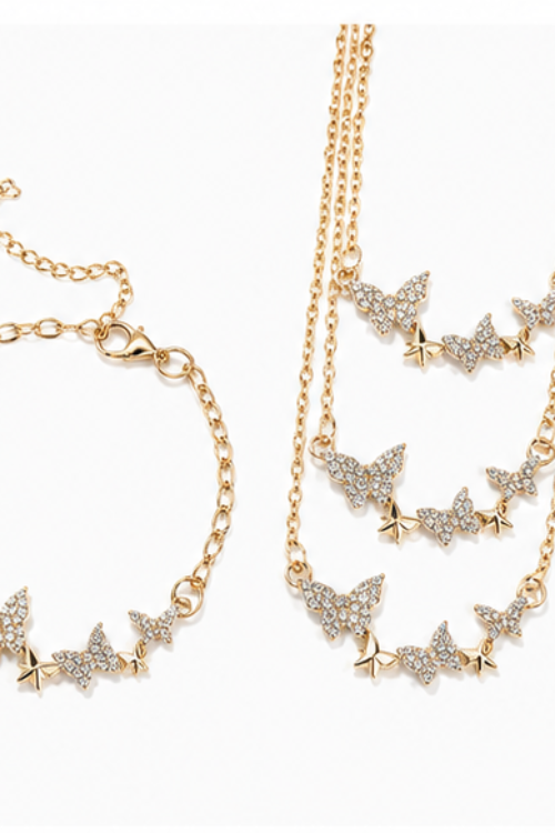 Luxury Multi Heart Charm Jewelry Set for Women – Station Chain Necklace & Puffed Heart Stud Earrings