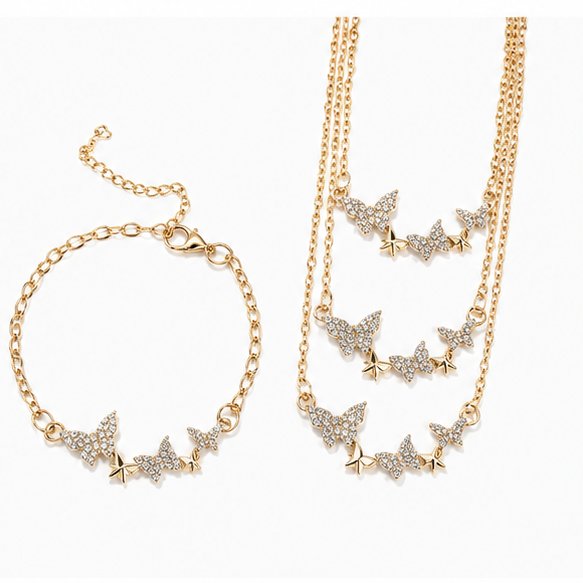 Luxury Multi Heart Charm Jewelry Set for Women – Station Chain Necklace & Puffed Heart Stud Earrings