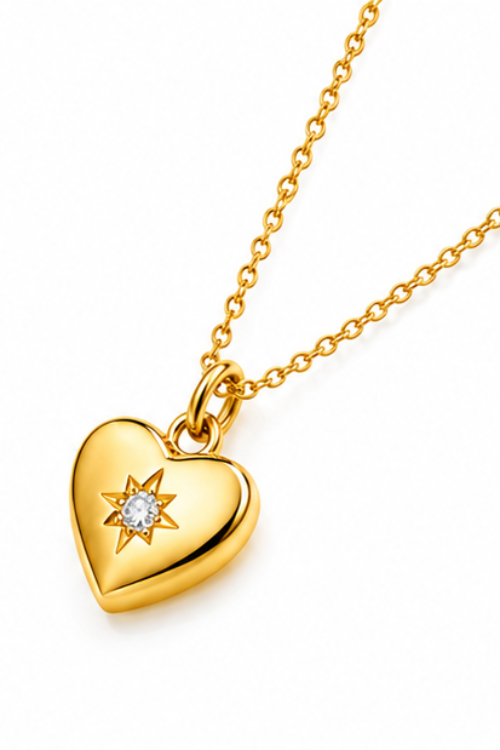Celestial North Star Gold Heart Necklace – Polished Stainless Steel Pendant for Women