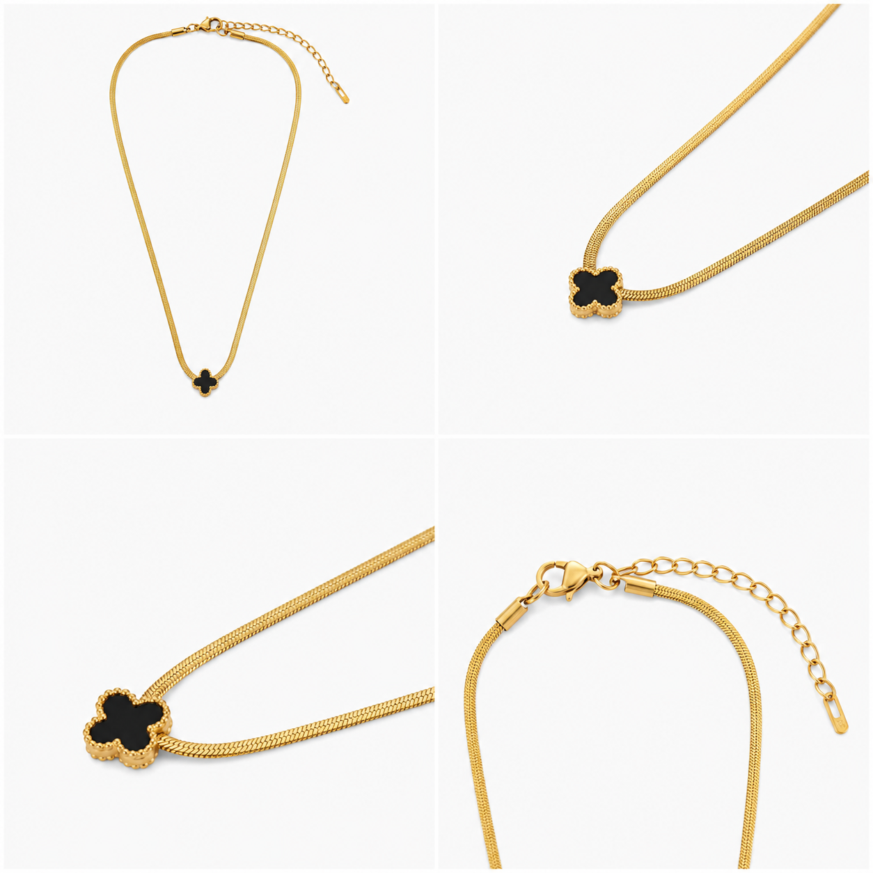 4-in-1 product collage grid displaying full length, dual close-ups, and adjustable clasp views of Zafiroon black clover gold necklace for website catalog.