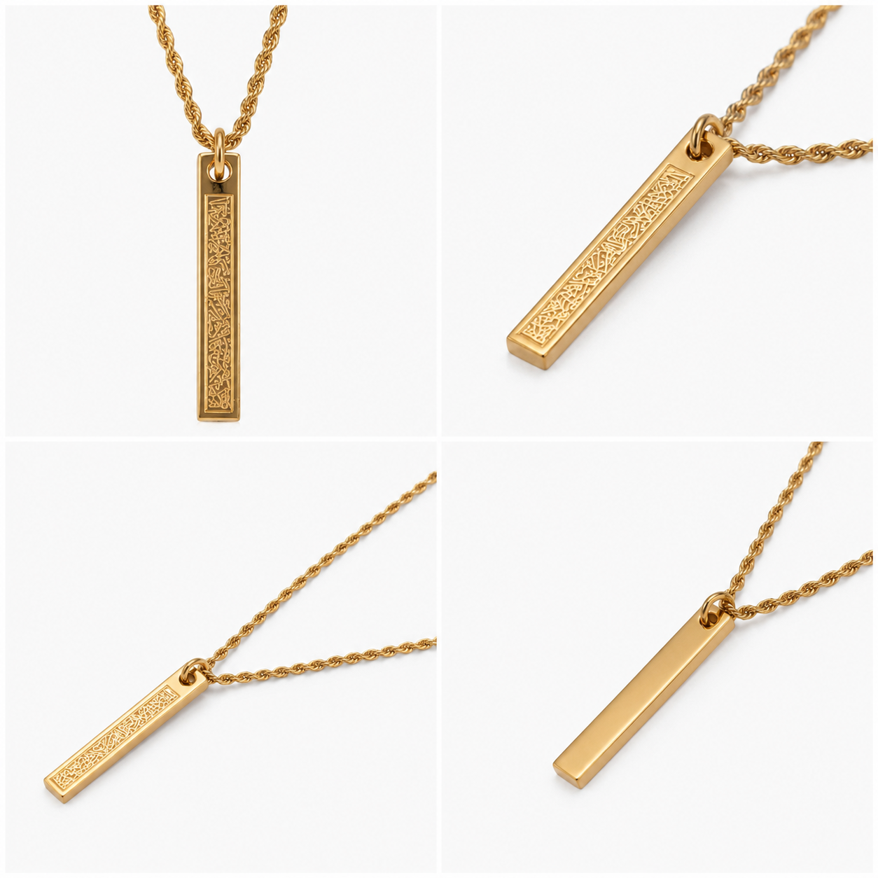 4-in-1 product collage grid layout compiling full front view, macro calligraphy details, angled display, and smooth plain back plate of Zafiroon gold bar necklace.
