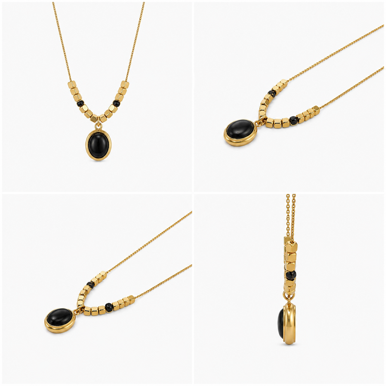 4-in-1 product collage grid compiling full front view, dual close-up perspectives, and side view of Zafiroon black onyx and cube bead gold necklace.