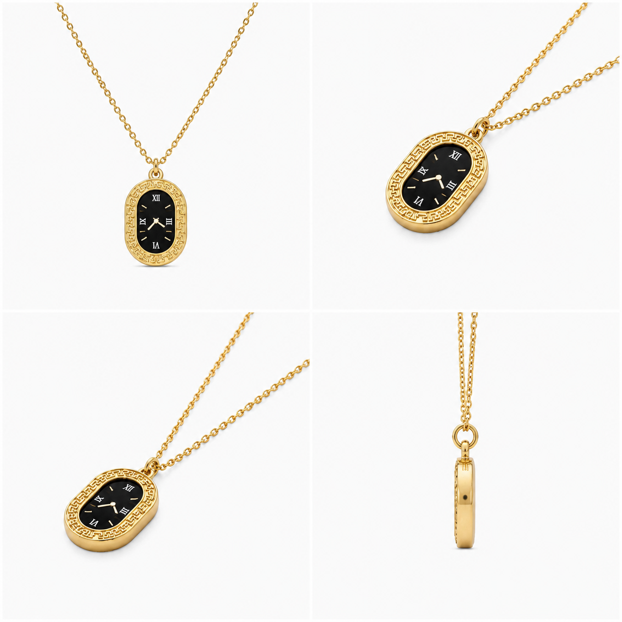 4-in-1 product collage grid displaying front, dual angled, and side profile views of Zafiroon vintage clock face gold necklace for website listing.