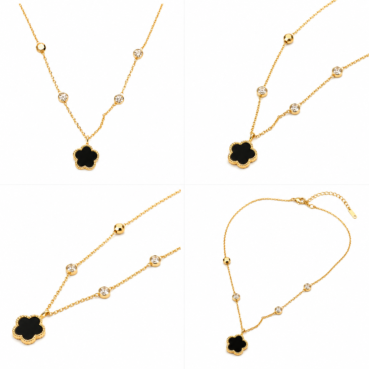 4-in-1 product collage grid compiling vertical front layout, dual macro perspectives, and full chain layout of Zafiroon crystal black clover necklace.