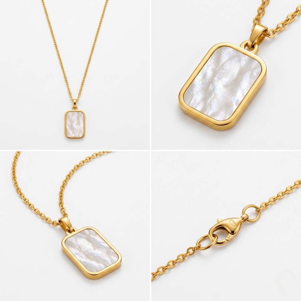 4-in-1 product collage grid displaying front, angled, macro close-up, and lobster clasp closure views of Zafiroon white mother of pearl gold necklace for website listing.