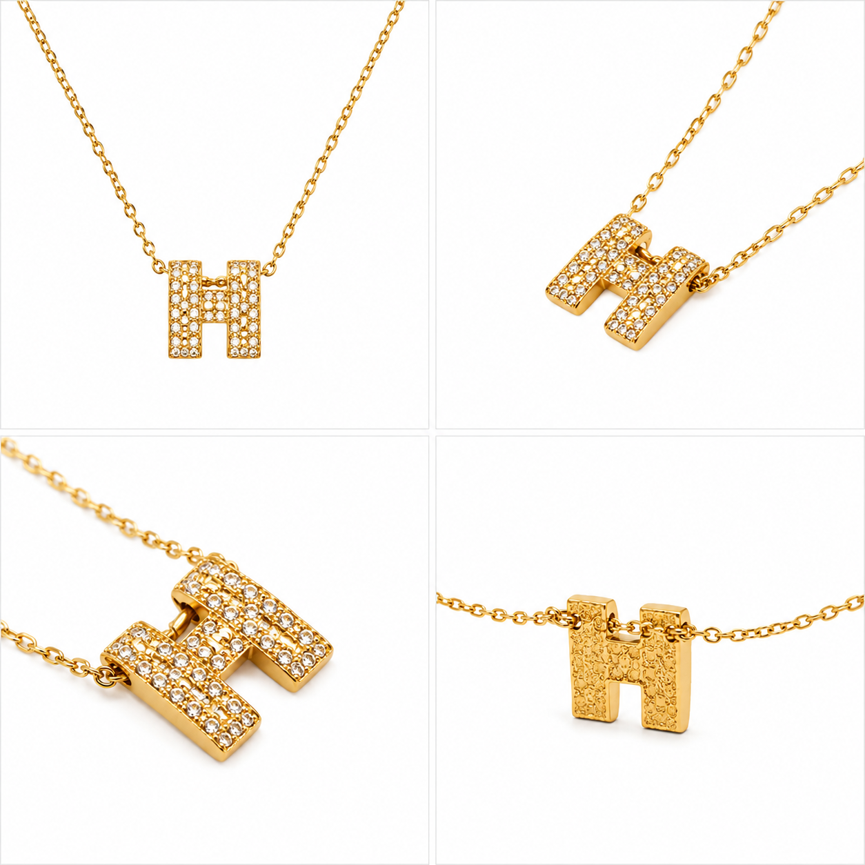 4-in-1 product collage grid displaying front, angled, close-up, and textured back views of Zafiroon gold initial H pendant necklace for website listing.