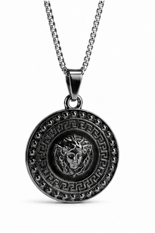 The Mythos Medusa Medallion Necklace – Dark Gunmetal Greek Key Pendant Chain