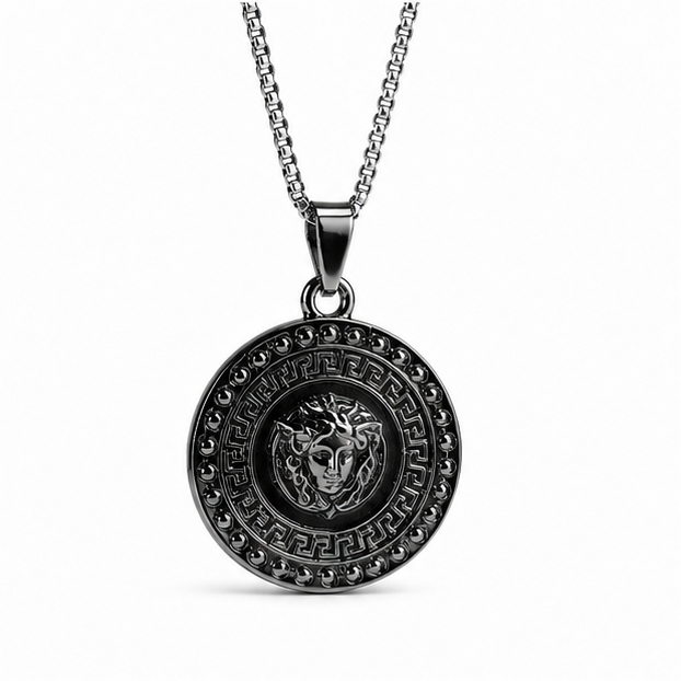 Zafiroon men black stainless steel round medallion pendant necklace with a vintage Greek key border and embossed Medusa emblem.