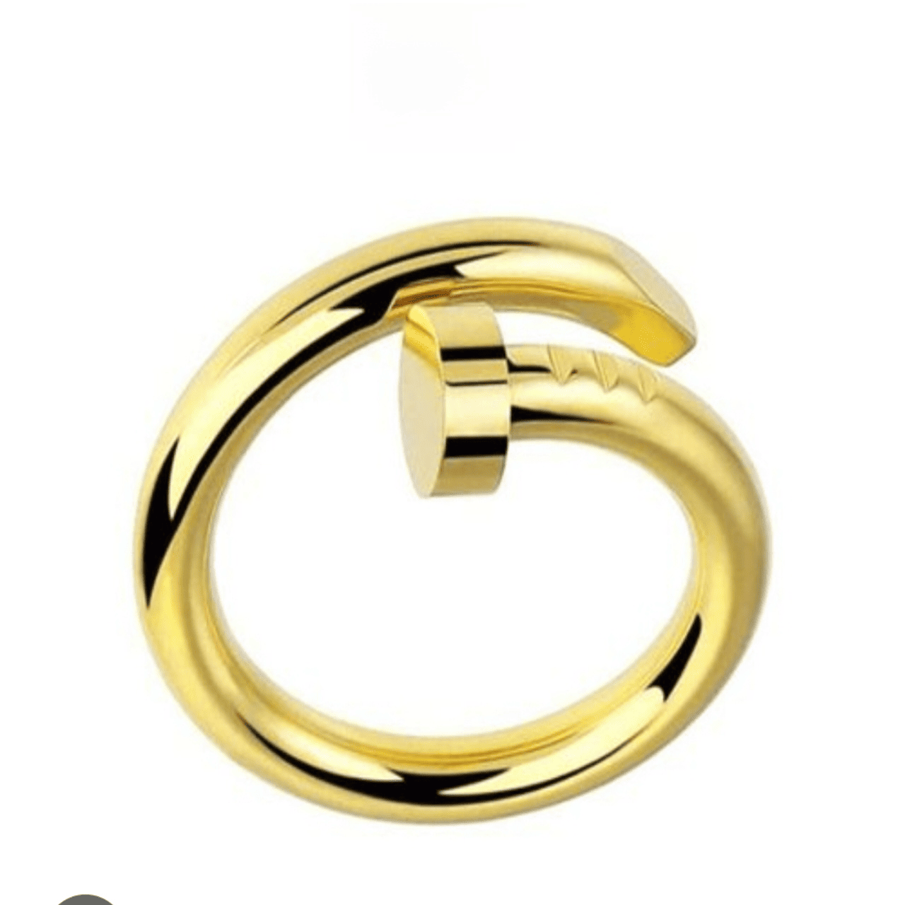 Gold plated stainless steel wrap around spiral nail statement ring for girls and women on a clean white background