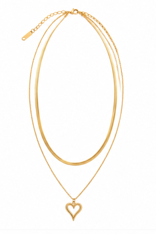 The Amora Layered Dual-Chain Necklace – Sleek Herringbone & Open Heart Stack