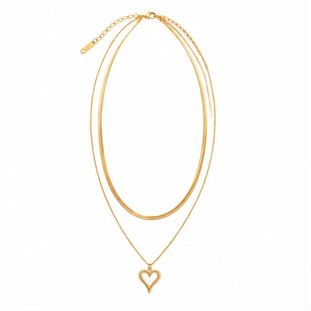Zafiroon premium 18k gold plated stainless steel layered necklace with a flat snake chain and an open heart cutout pendant.