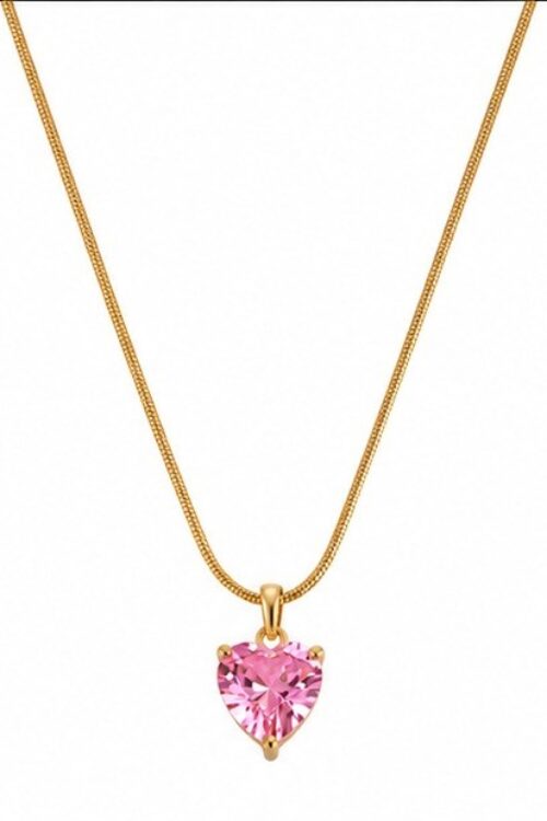 Pink Crystal Heart Stainless Steel Necklace