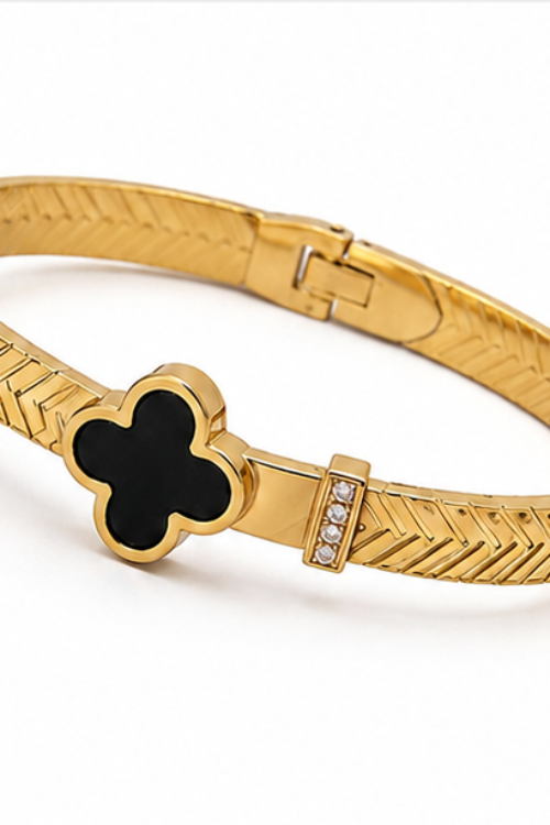 The Luxe Clover Stainless Steel Bangle – Textured Chevron Cuff with Black Onyx-Style Motif