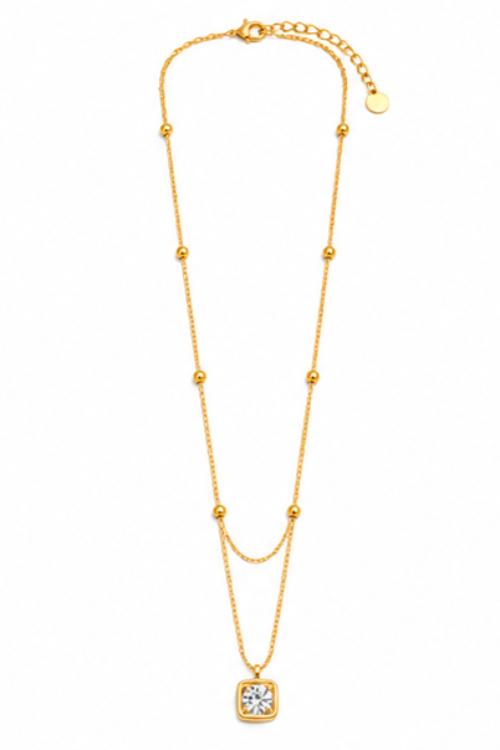 The Celeste Double-Layer Solitaire Necklace – Vintage Square Crystal Satellite Chain