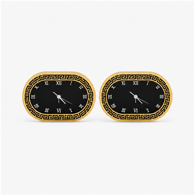 The Chrono Muse Stainless Steel Studs – Vintage Oval Watch-Dial Motif Earrings with Greek Key Border - Image 2