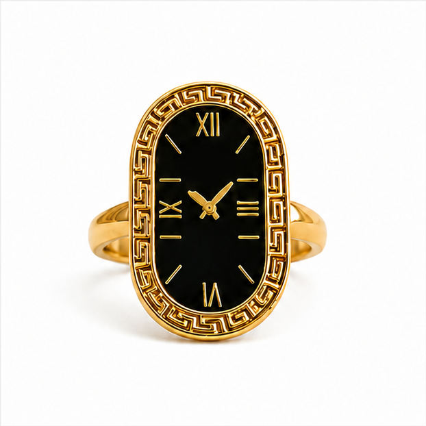 The Chrono Muse Stainless Steel Ring – Vintage Oval Watch-Dial Motif with Greek Key Border - Image 2