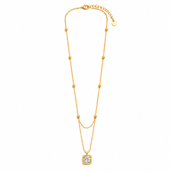 The Celeste Double-Layer Solitaire Necklace – Vintage Square Crystal Satellite Chain