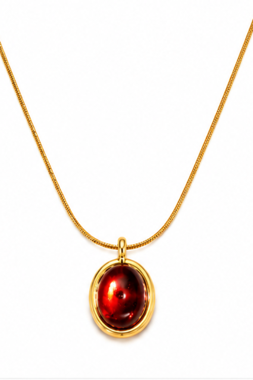Luxury Red Stone Gold Plated Stainless Steel Necklace for Women – Elegant Oval Pendant Necklace | Trendy Jewelry Gift for Girls