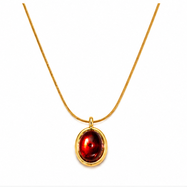Zafiroon luxury 18k gold plated stainless steel necklace with a minimalist royal oval red garnet pendant.