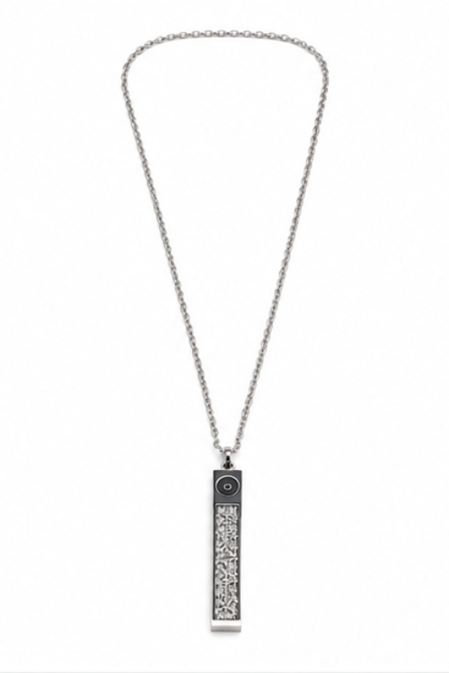 The Cipher Totem Vertical Bar Necklace – Textured 3D Silver Pillar Pendant