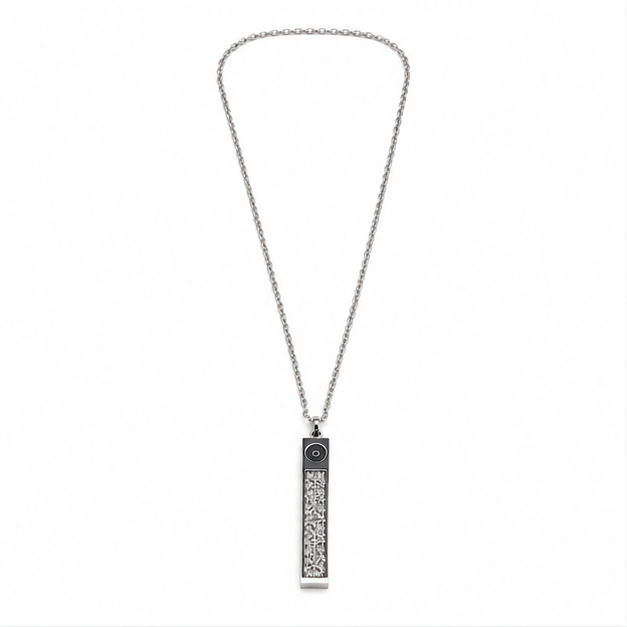 The Cipher Totem Vertical Bar Necklace – Textured 3D Silver Pillar Pendant
