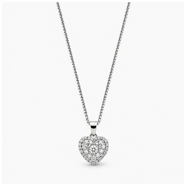 Zafiroon sterling silver platinum plated heart pendant necklace fully paved with glittering cubic zirconia crystals.