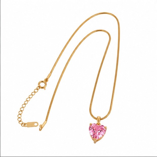 Pink Crystal Heart Stainless Steel Necklace - Image 2