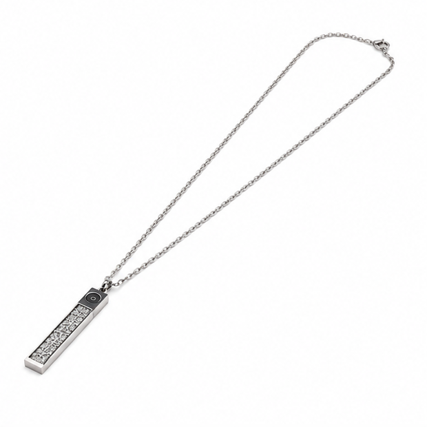 Zafiroon tarnish free stainless steel long rectangle bar necklace lying flat on a white surface.