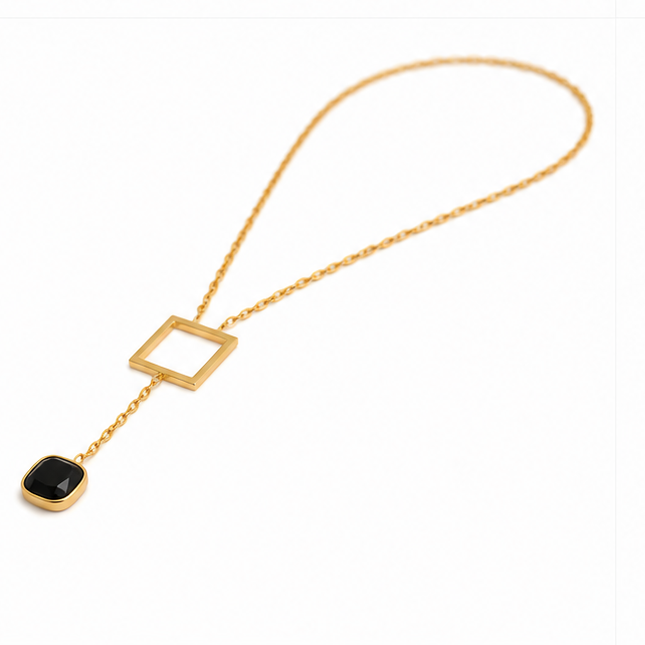 The Onyx Nexus Lariat Necklace – Geometric Square Frame Black Drop Chain